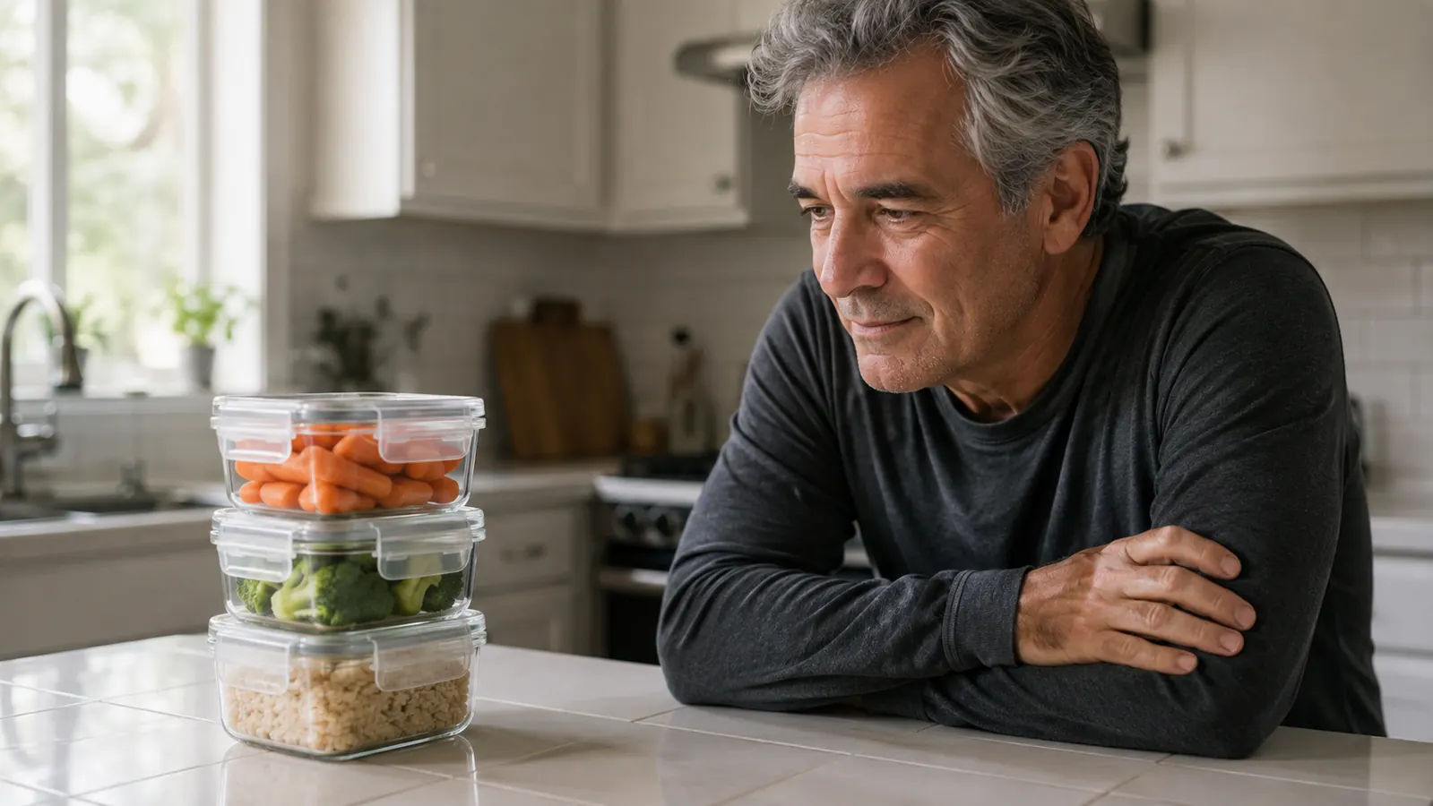A tidy kitchen counter at first light with a neat stack of clear food storage containers and their latched lids beside a window