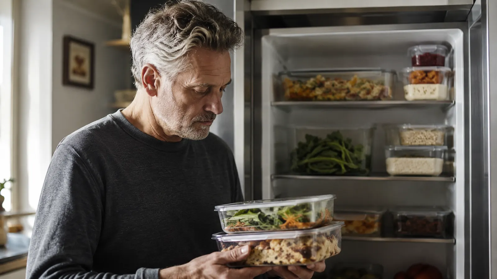Open refrigerator with tidy stacks of see-through food storage containers on the shelves