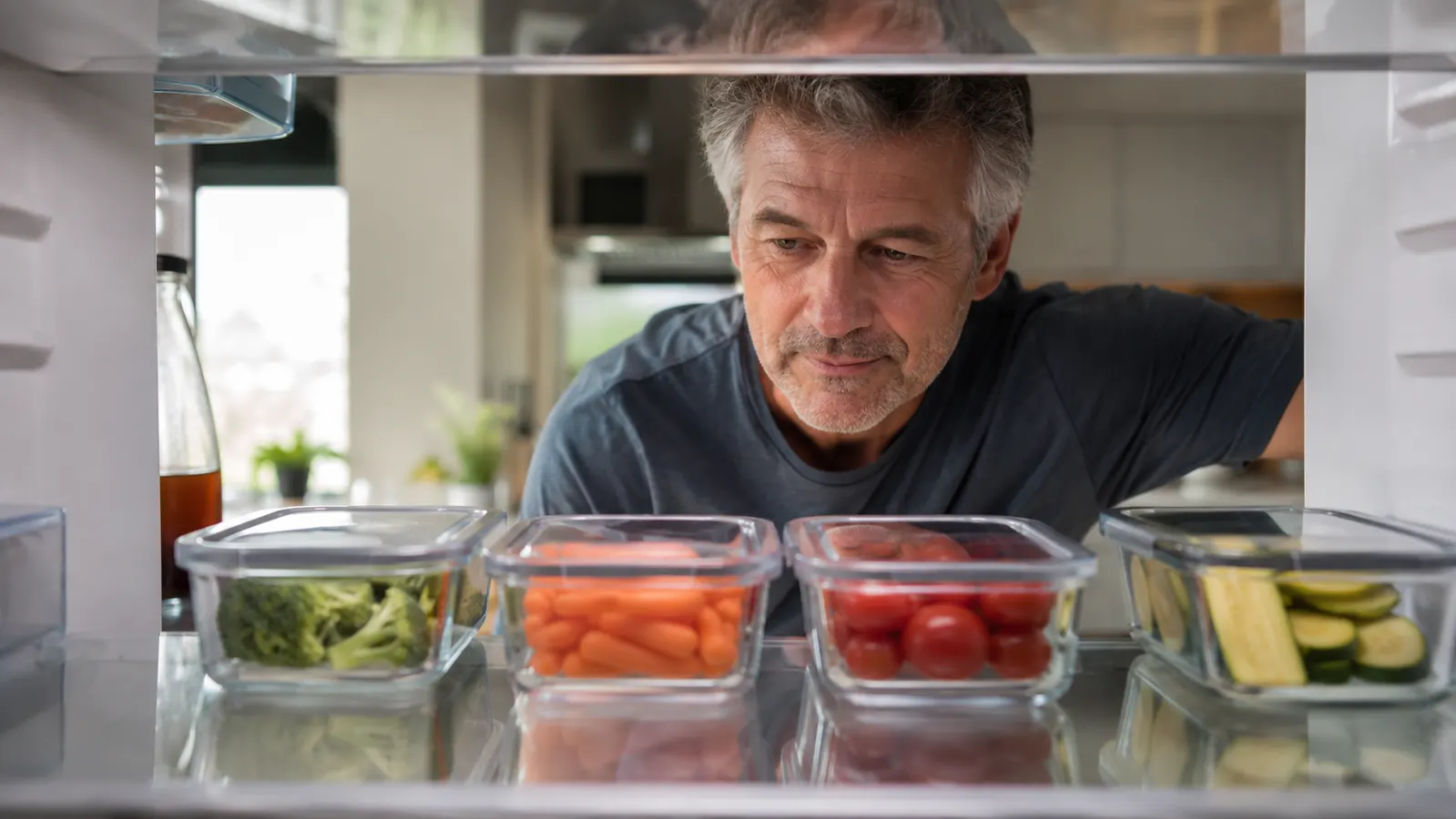 A tidy row of clear food storage containers on the middle shelf of an open refrigerator, soft morning light.