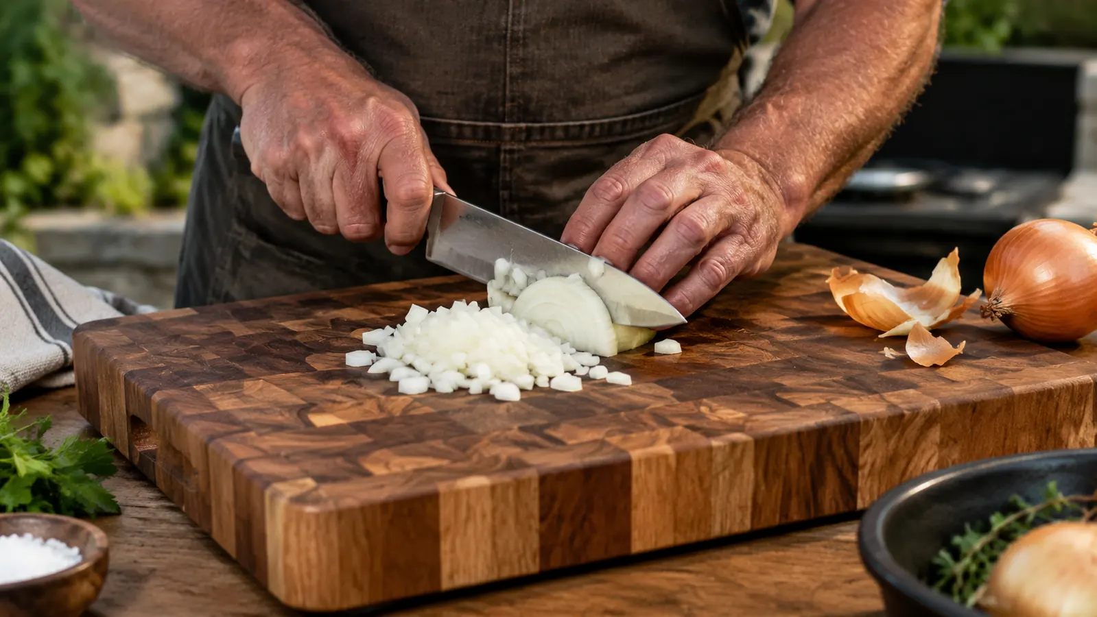 Cook chopping an onion on the walnut cutting board