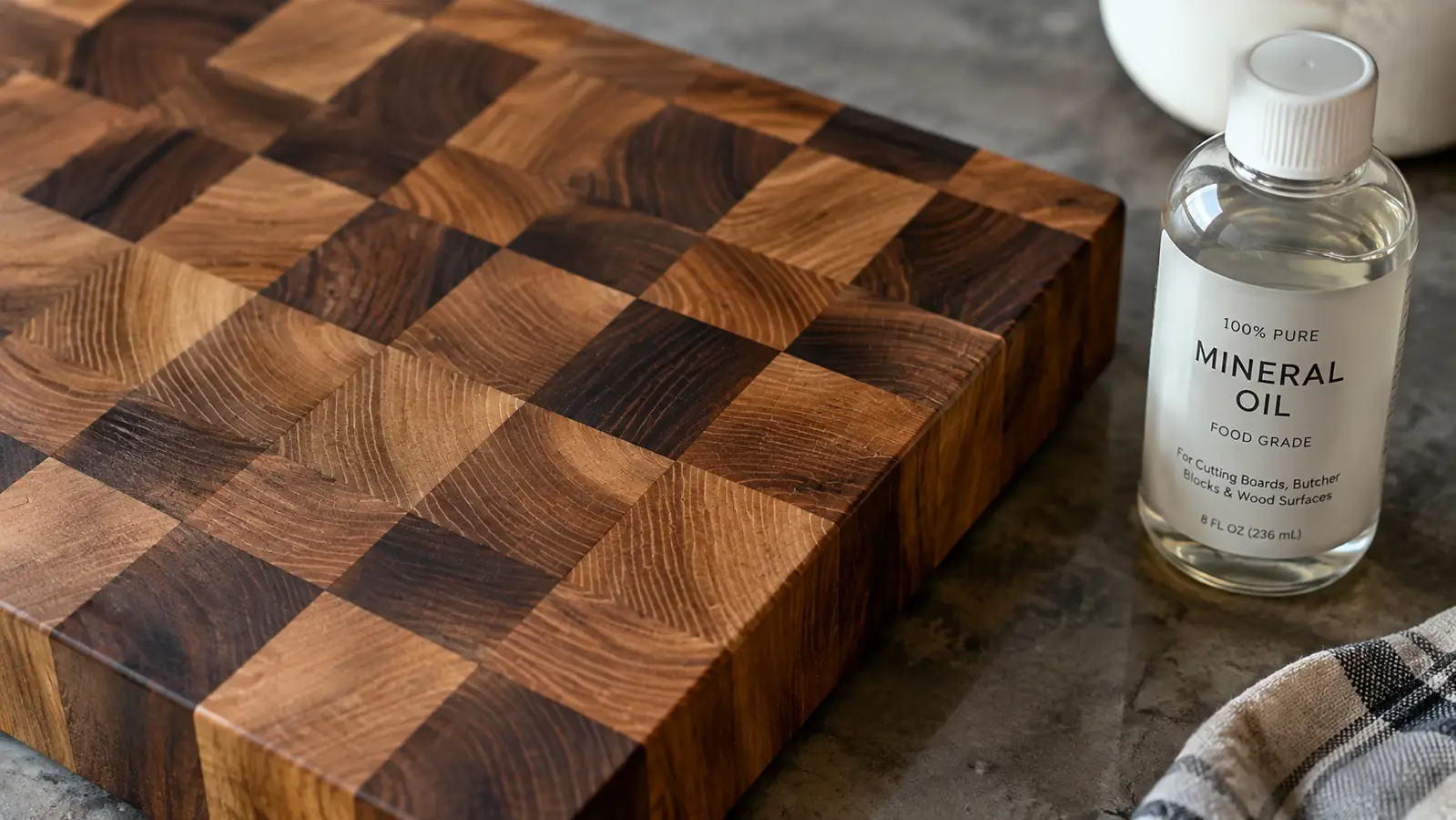 Close up of end grain walnut board surface with a bottle of mineral oil