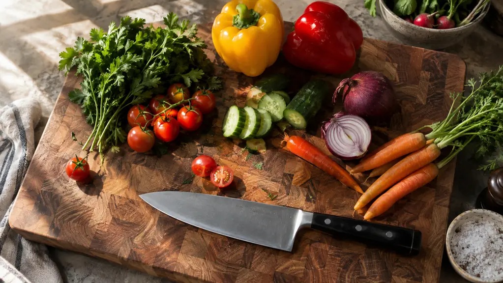 End grain walnut cutting board on a kitchen counter with a chef's knife and fresh vegetables
