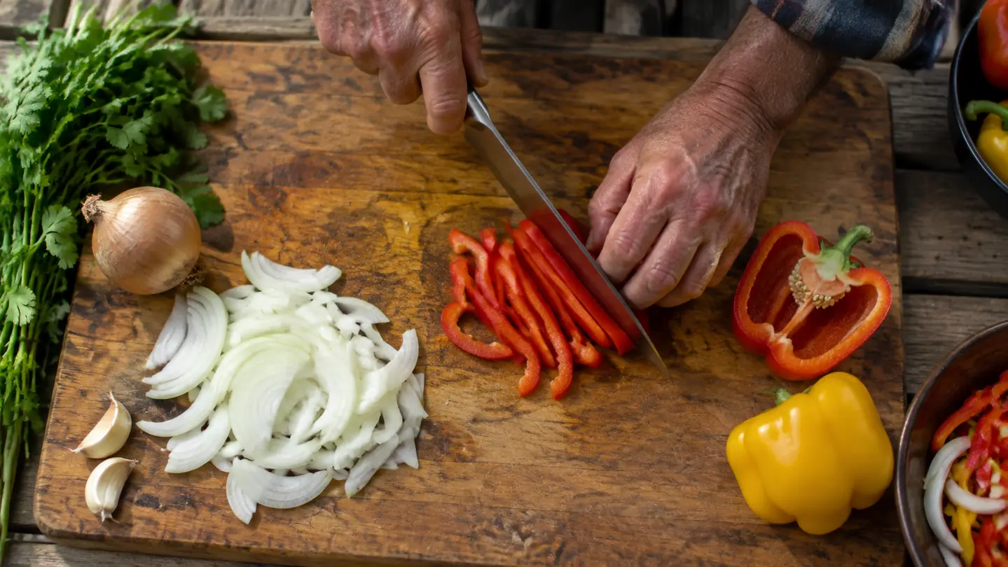 A hand chopping fresh vegetables on the large cutting board