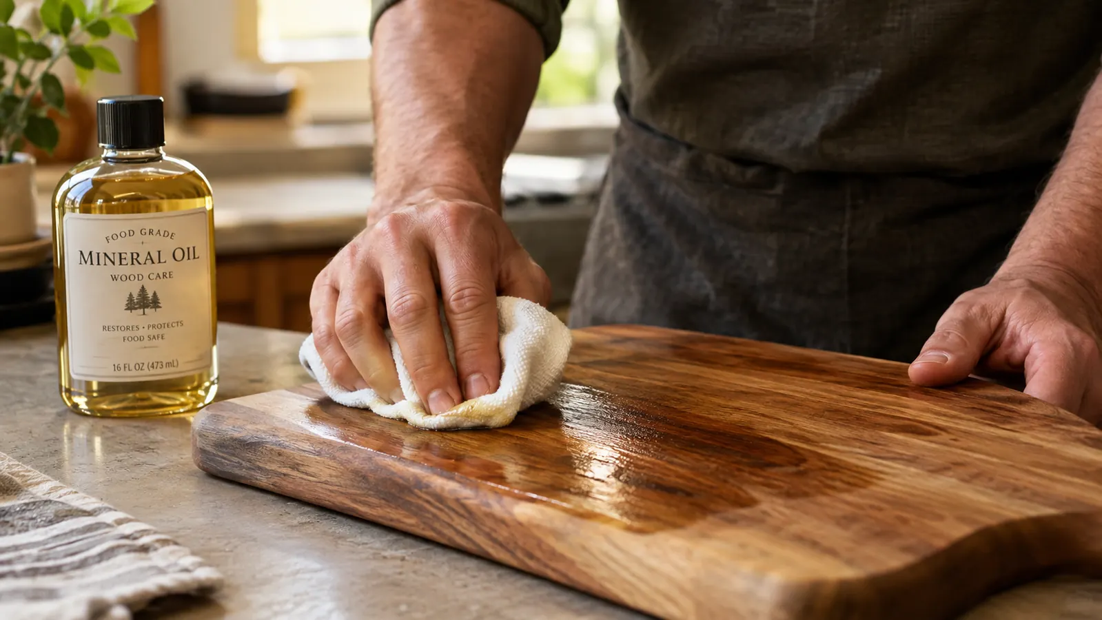 Person applying oil to a wooden cutting board with a cloth