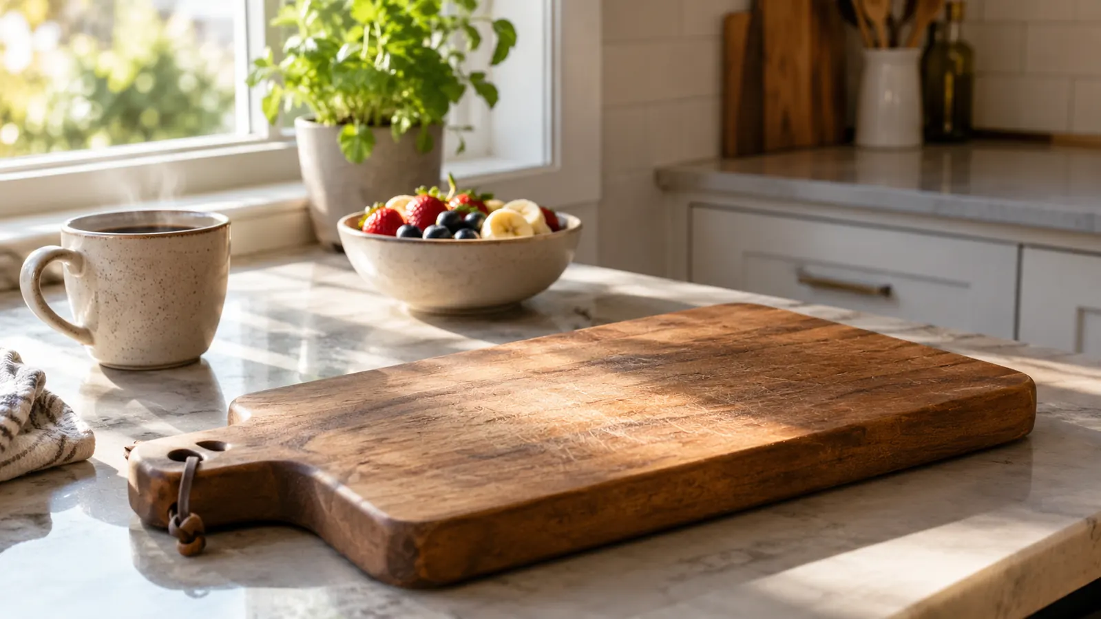 A large wooden cutting board on a kitchen counter with soft morning light coming through a window