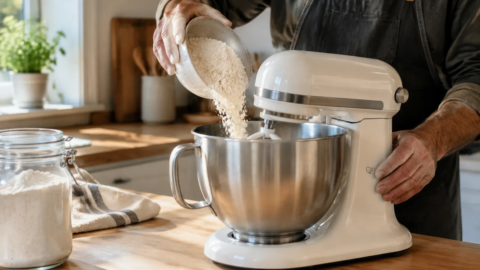 A hand pouring flour into the bowl of a stand mixer on a kitchen counter