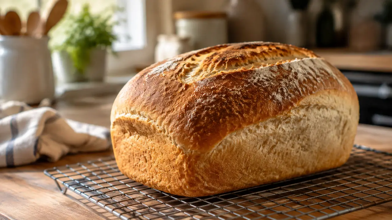 A loaf of bread cooling on a wire rack in a home kitchen