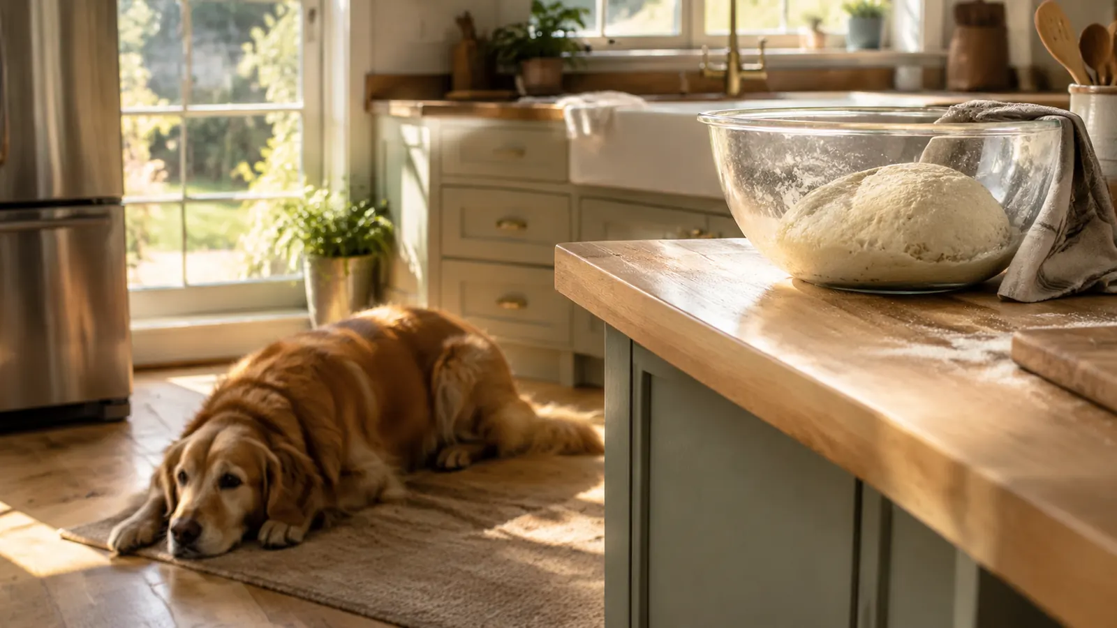A large dog lying on the kitchen floor near a counter with a bowl of bread dough