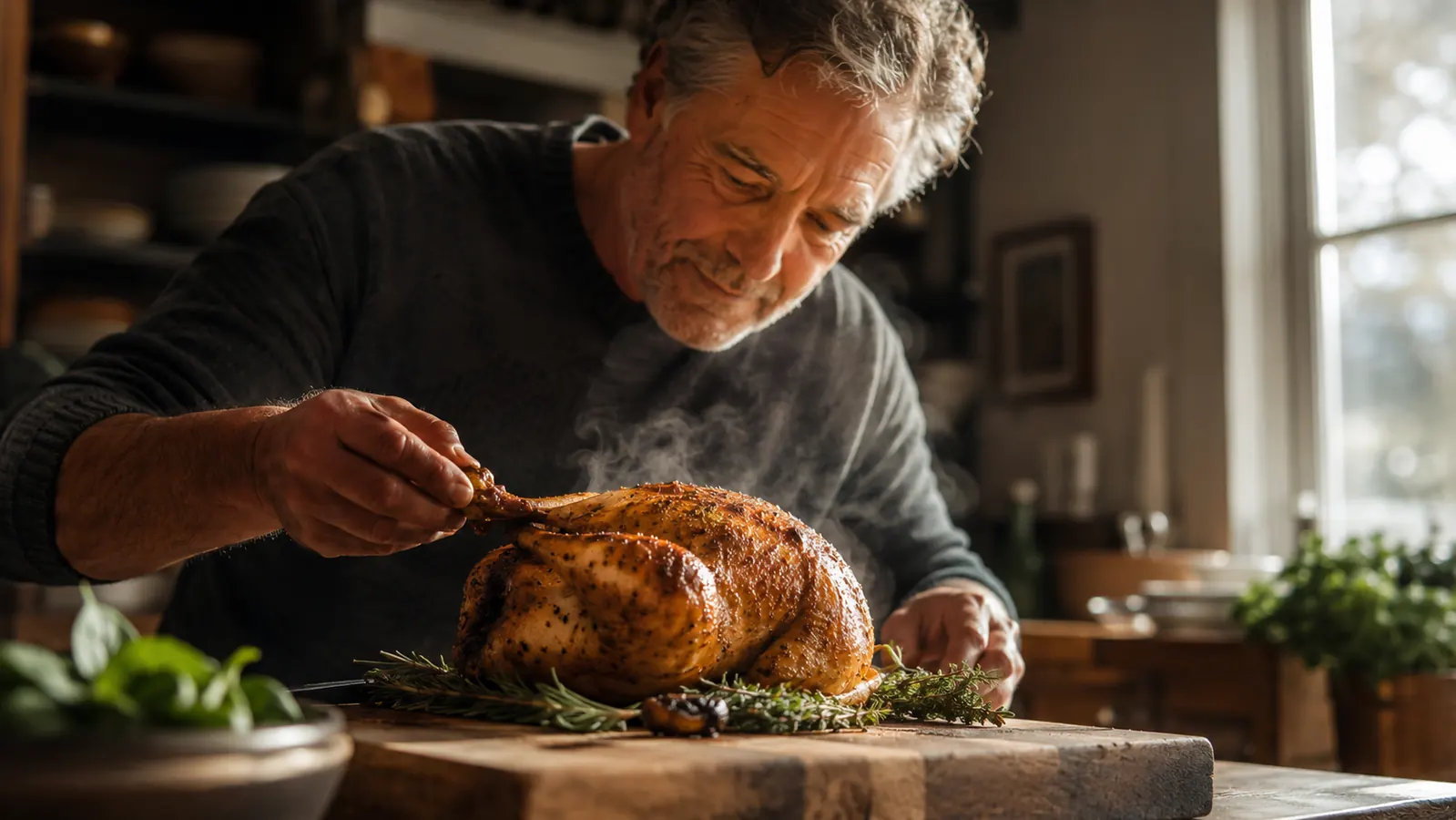 Roast chicken on a wooden cutting board with steam rising in warm kitchen light