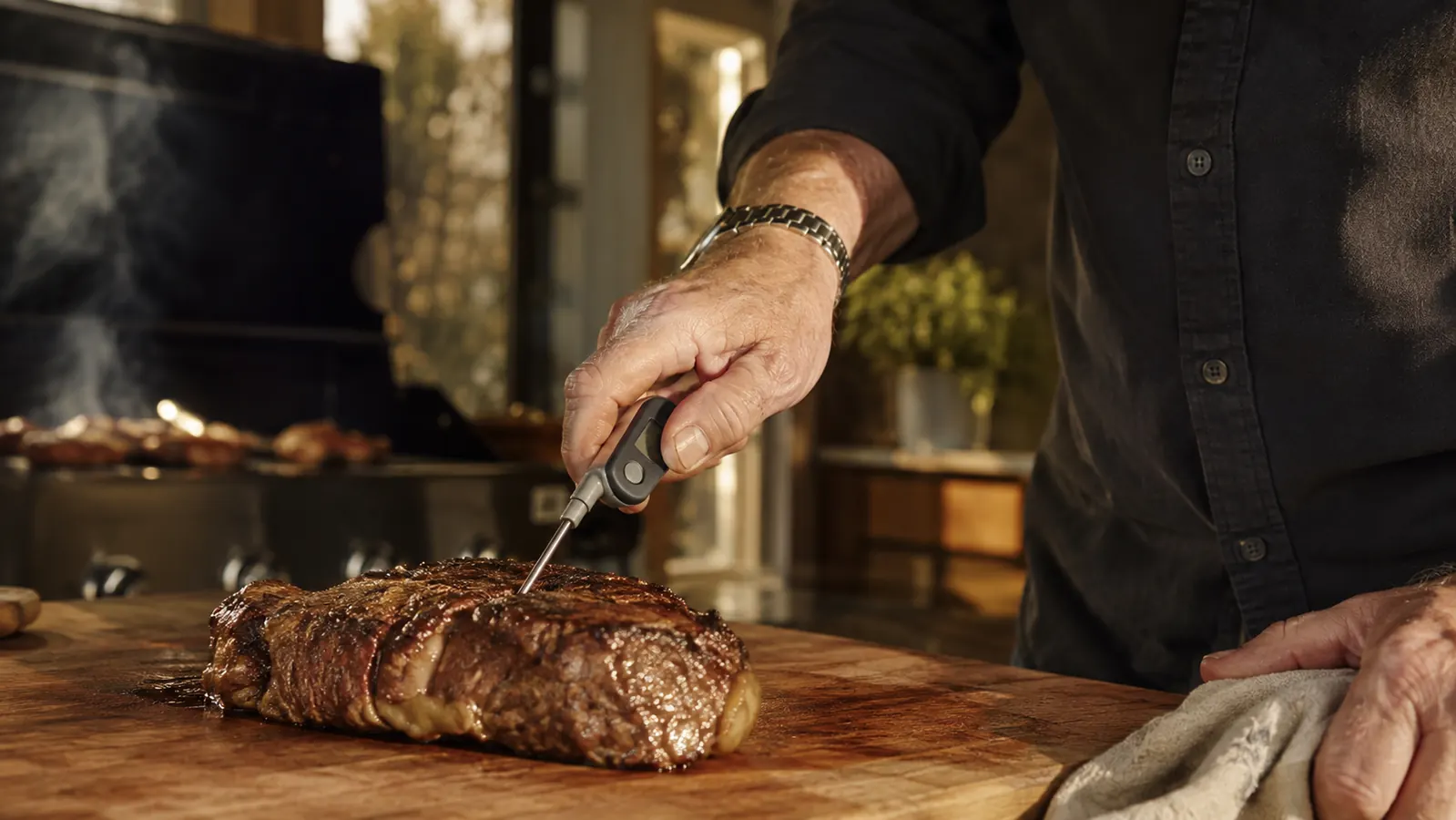 A hand pushing a folding-probe instant-read thermometer into a thick steak resting on a wooden board, grill smoke drifting in the background, a worn wristwatch on the wrist