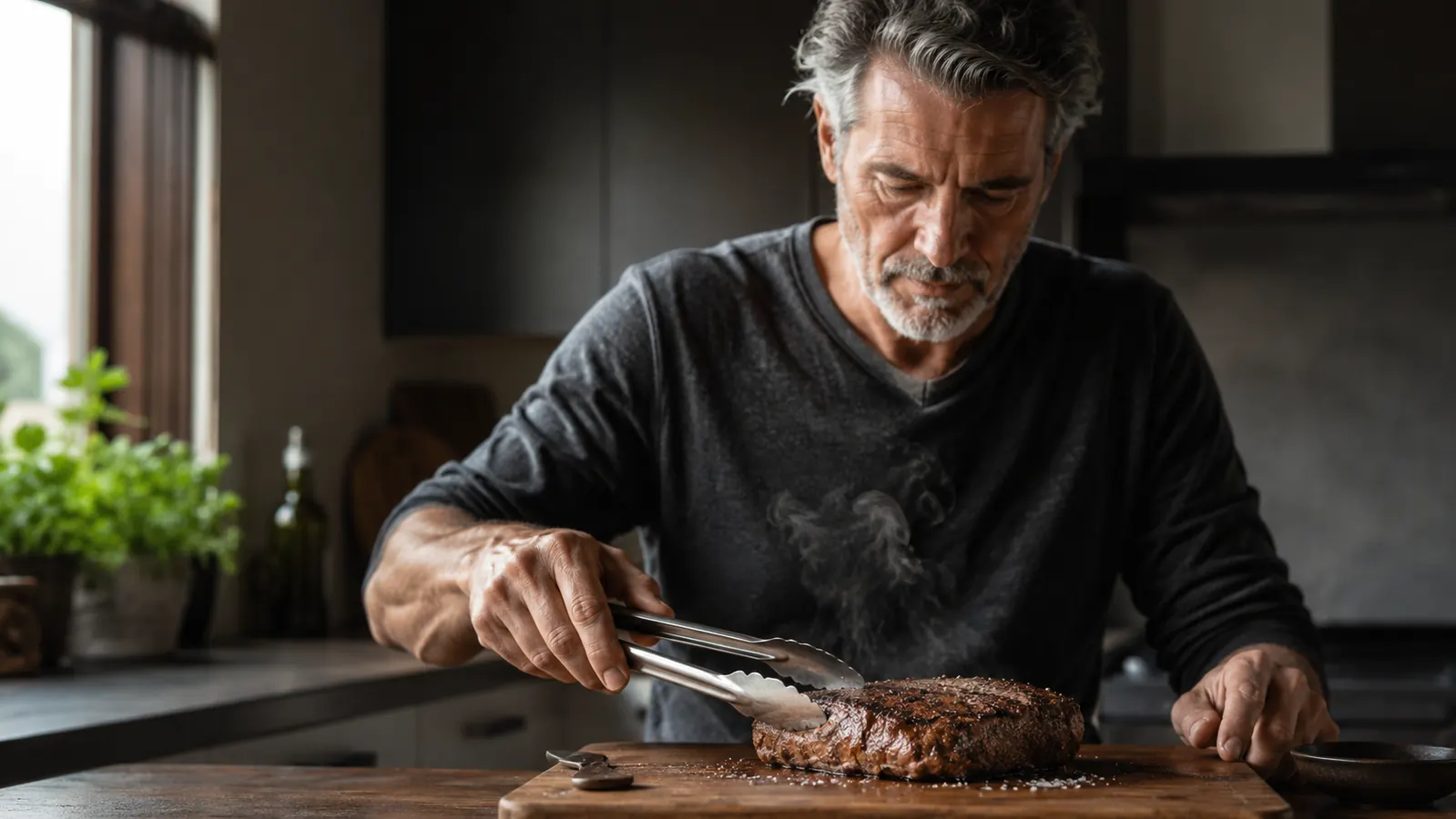 A thick steak resting on a wooden cutting board with tongs and coarse salt nearby, warm kitchen light