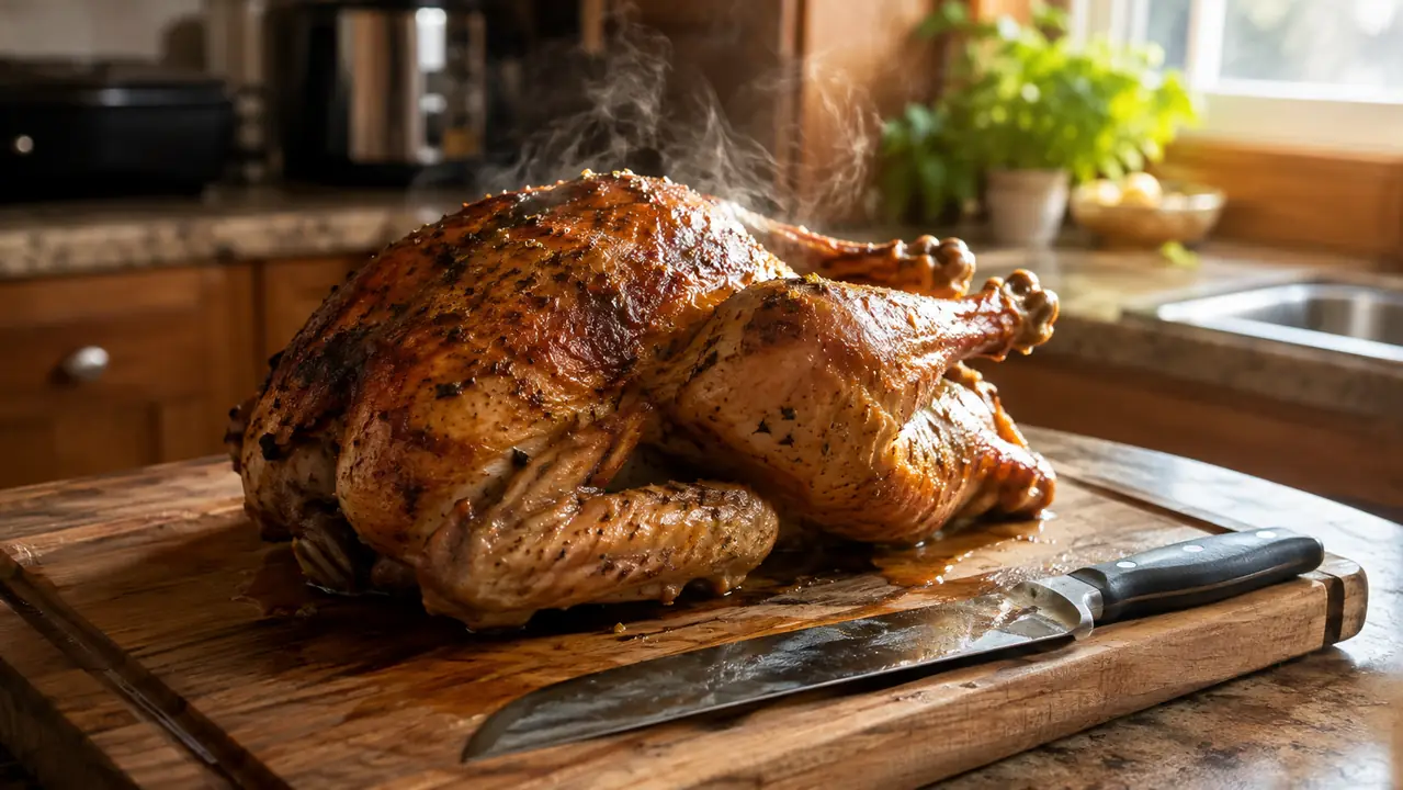 A whole roasted chicken steams on a wooden carving board with a carving knife beside it near a kitchen window