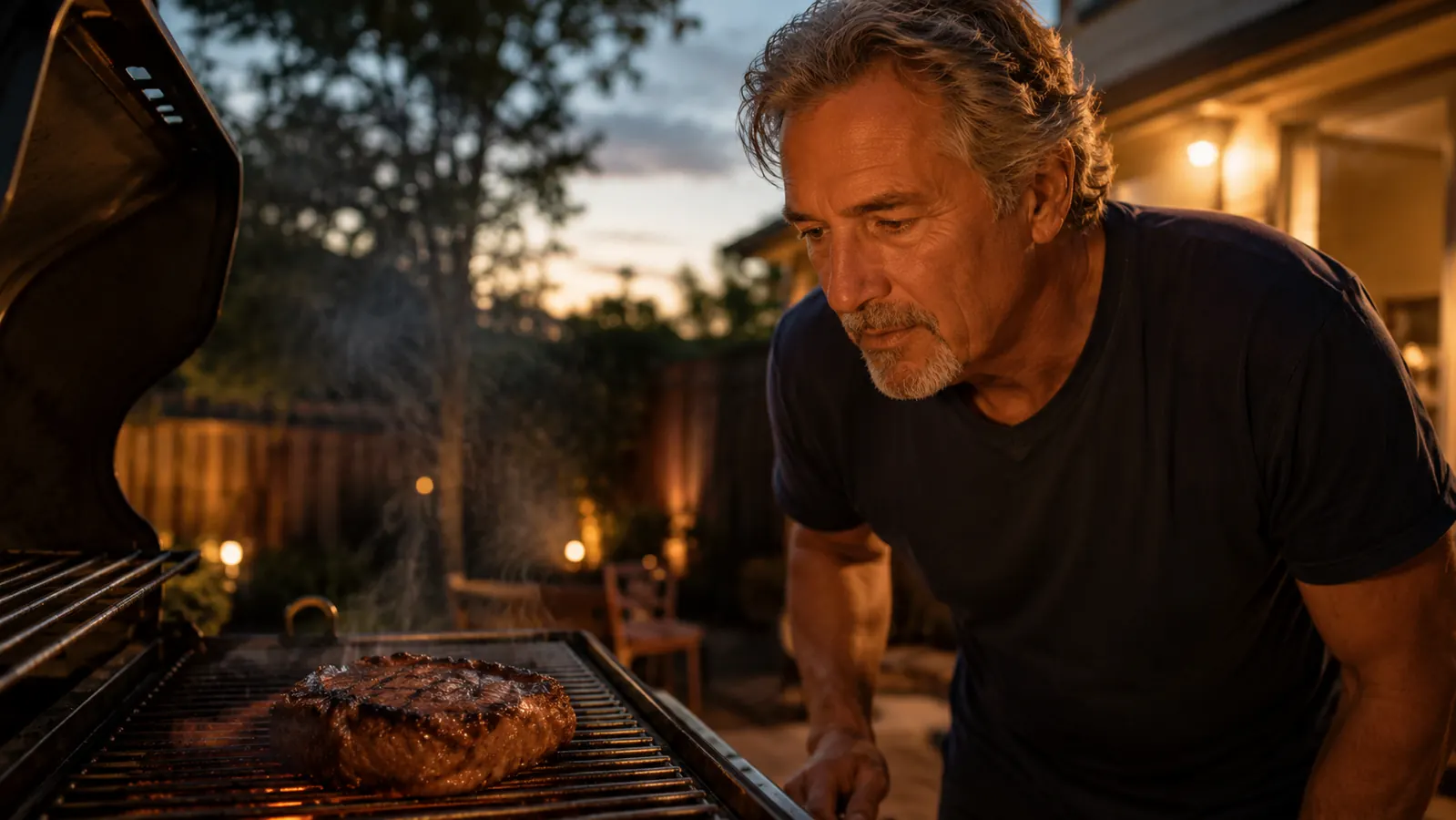 A seared steak sits on a gas grill grate at dusk with light smoke rising into warm porch light