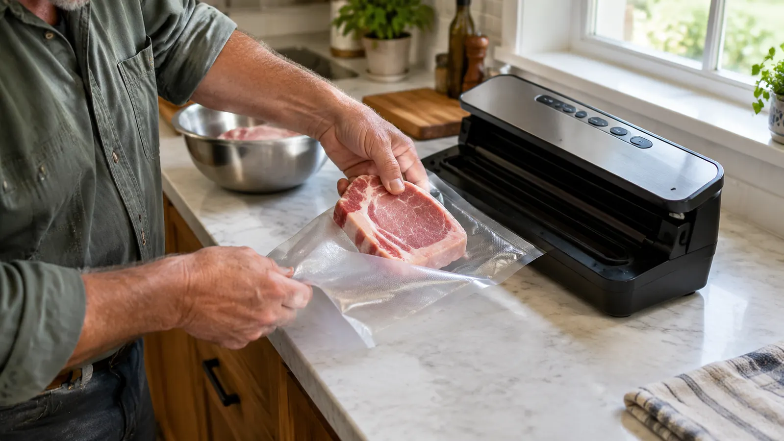 Hand placing a cut of raw pork into an open vacuum sealer bag on a kitchen counter