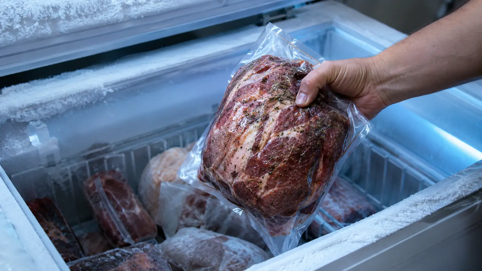 A vacuum-sealed roast lifted out of a chest freezer
