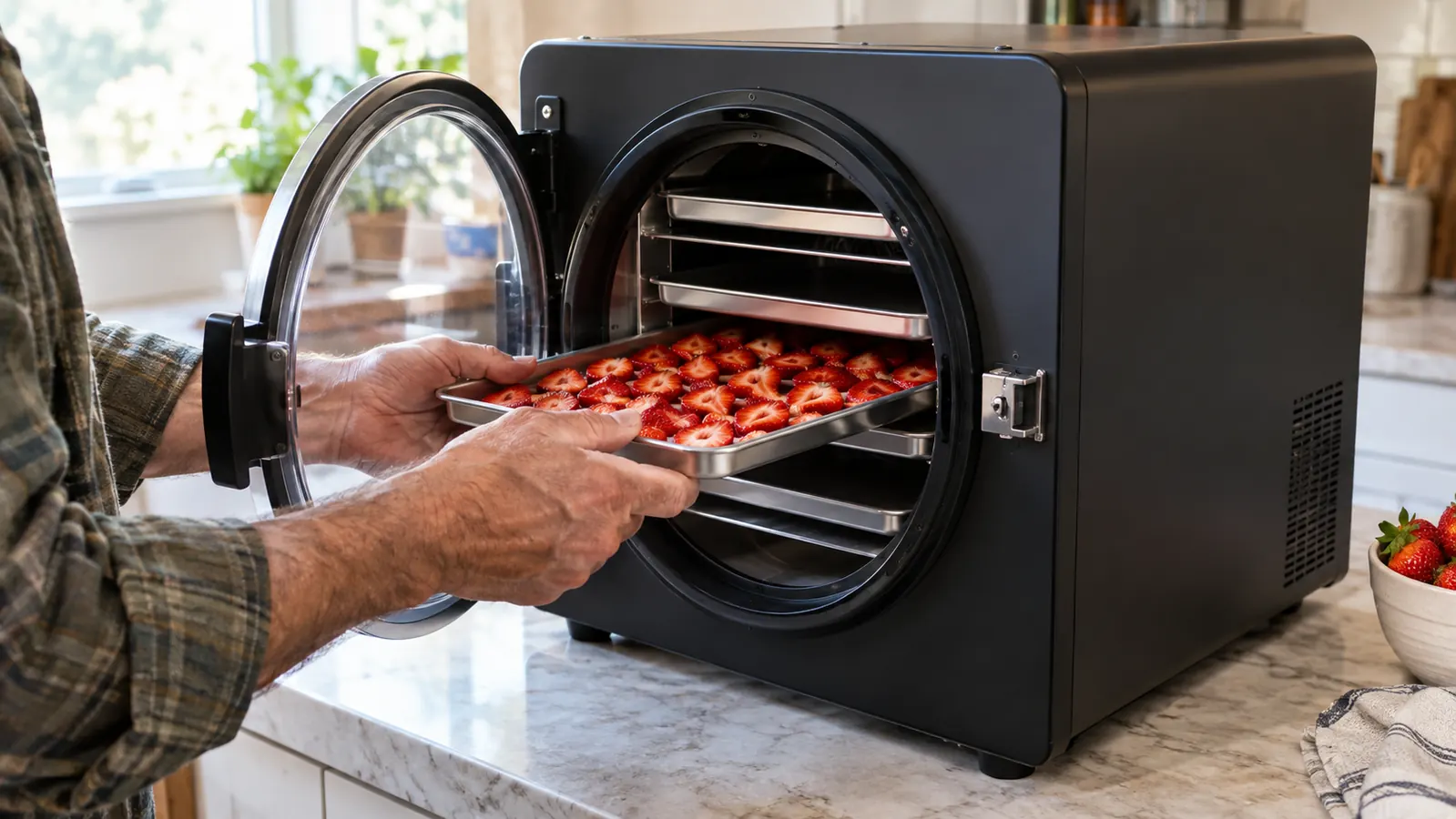 Hands placing a tray of sliced fruit into the open chamber of the freeze dryer
