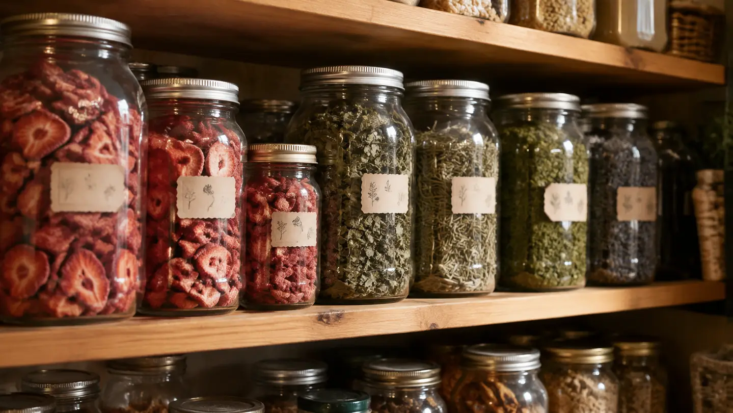 Pantry shelves lined with mason jars of freeze-dried fruit and herbs