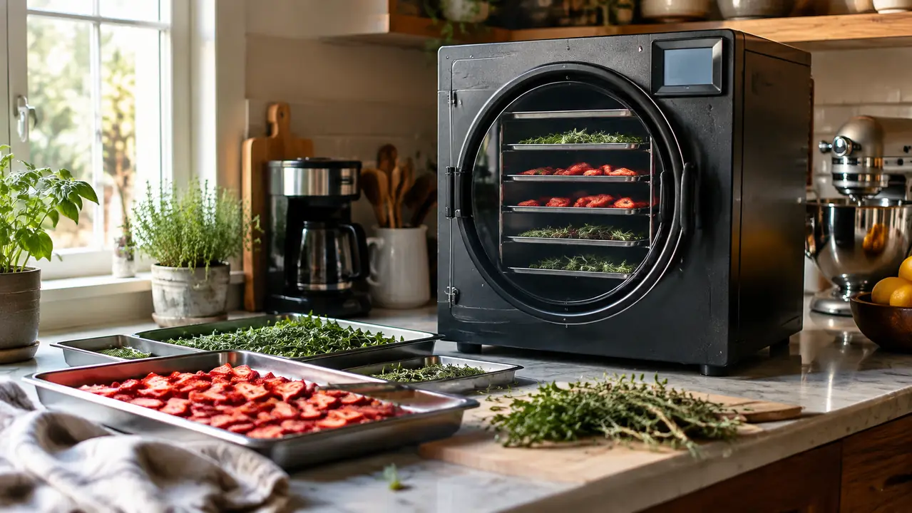 A freeze dryer on a home kitchen counter with trays of sliced fruit beside it in morning light
