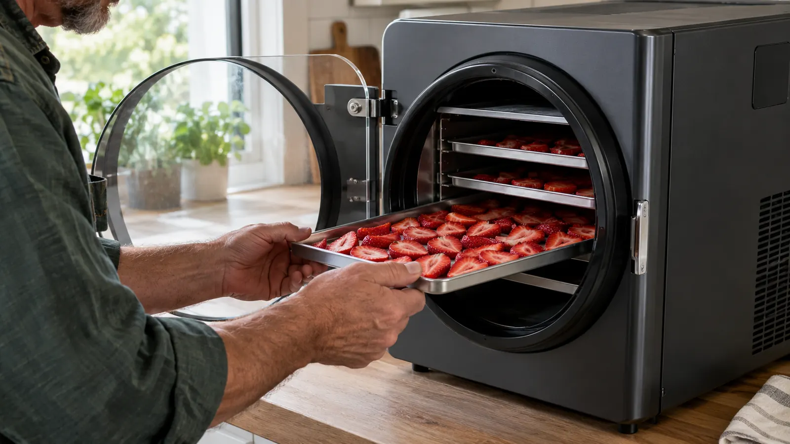 Hands placing a tray of sliced strawberries into the open chamber of the freeze dryer.