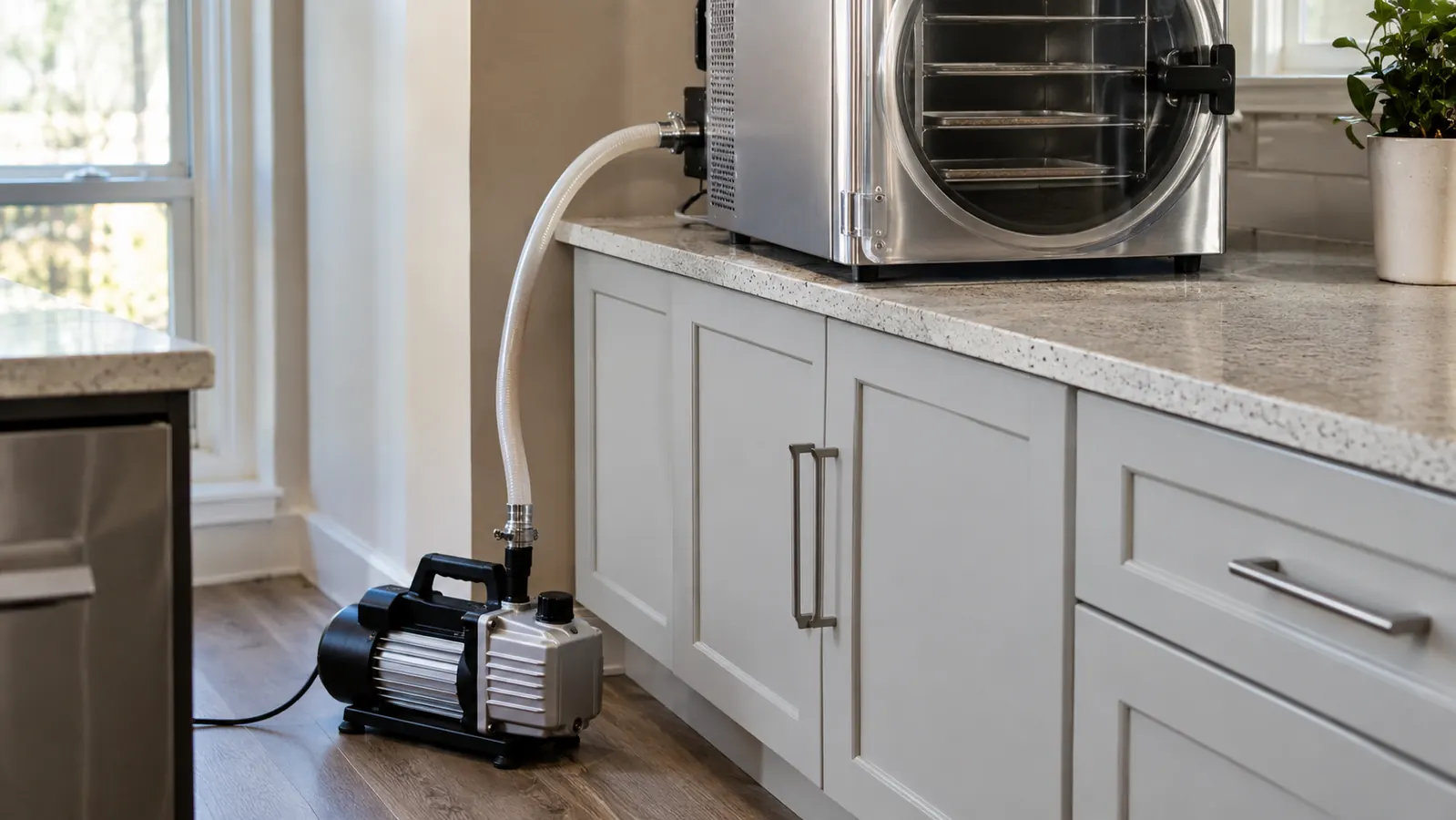 A vacuum pump on the floor below a countertop freeze dryer, with a hose running up to the back of the unit.