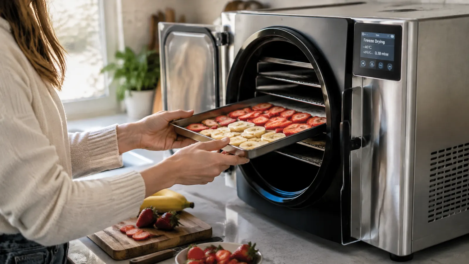 A person's hands loading a tray of sliced food into a home freeze dryer on a kitchen counter in the morning.