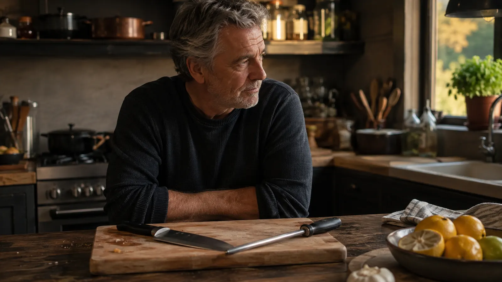 A chef's knife lying on a wooden board beside a honing steel in the warm evening light of a quiet kitchen