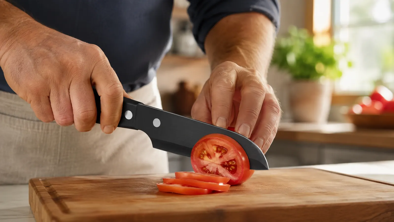 A hand slicing a ripe tomato with a chef's knife on a wooden cutting board