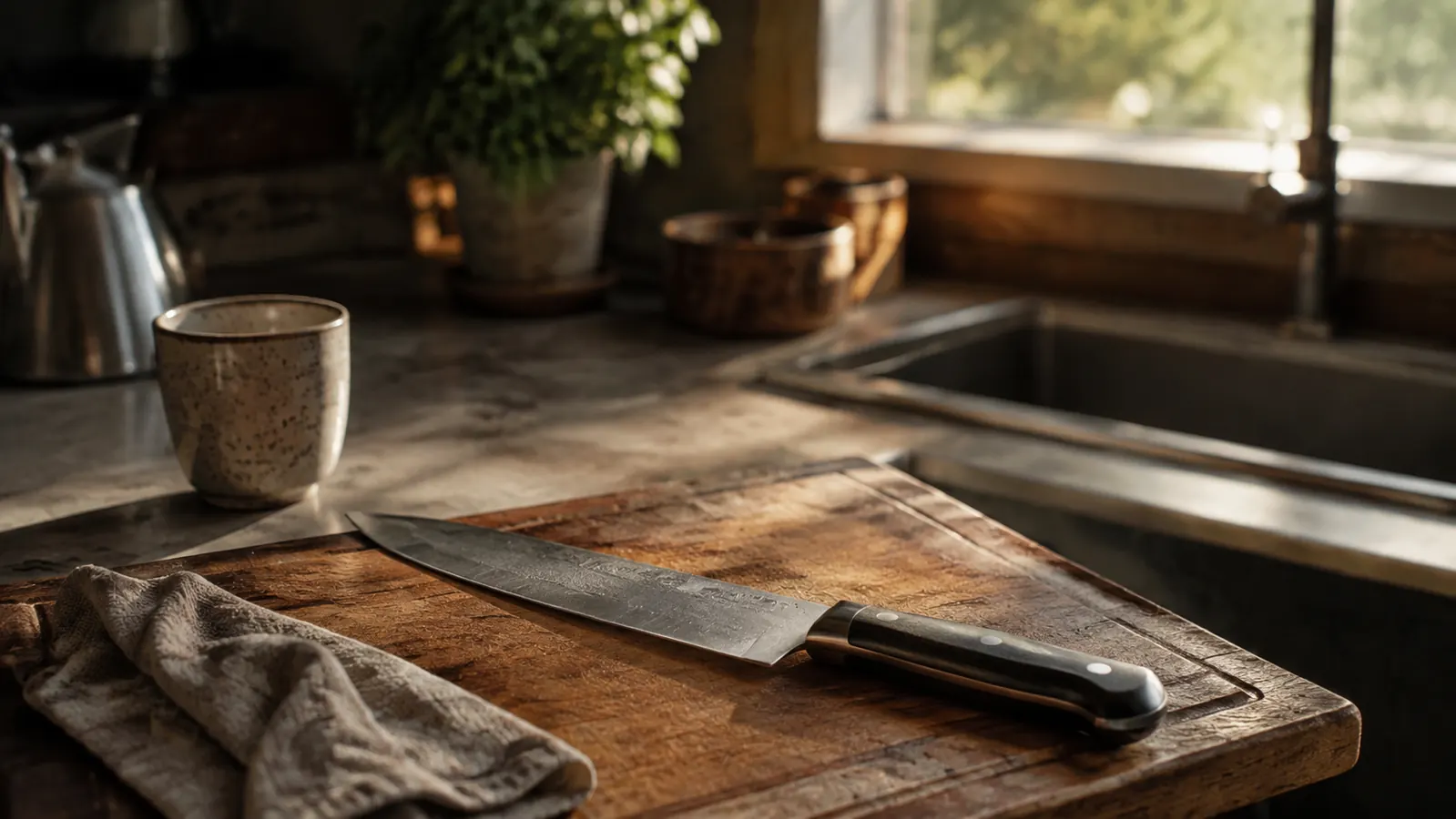 A chef's knife resting flat on a worn wooden cutting board on a kitchen counter in early morning light